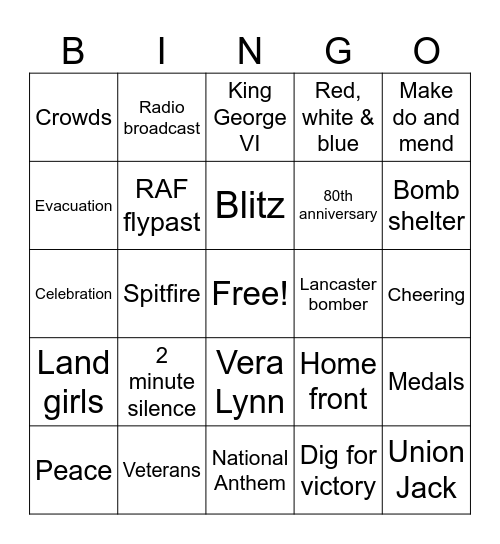 VE day Bingo Card
