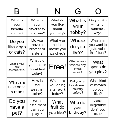 English Wednesday Conversation Bingo Card
