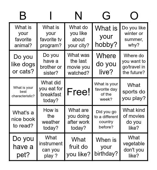 English Wednesday Conversation Bingo Card