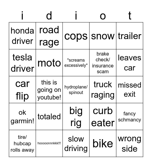 idiots in cars Bingo Card