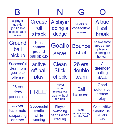 Lacrosse Bingo Card