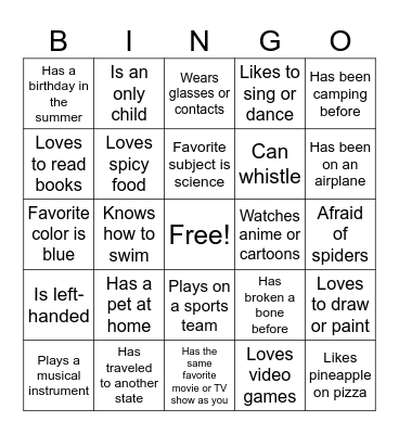 Get to Know You Bingo Card