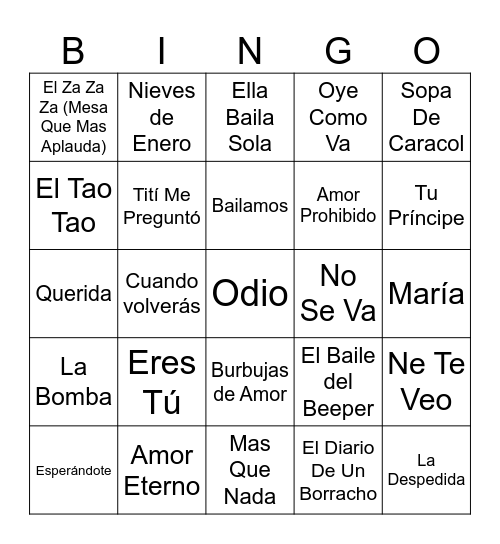 Latin Night Music Bingo #1 Bingo Card