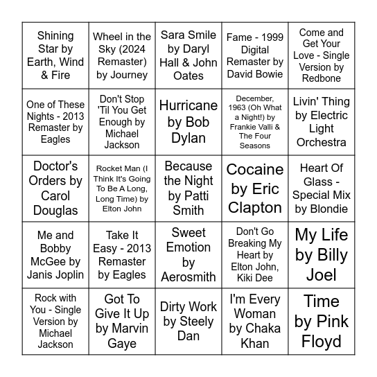70's Hits Bingo Card