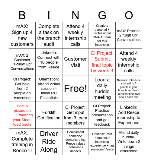 Reece USA Internship 2025 Bingo Card