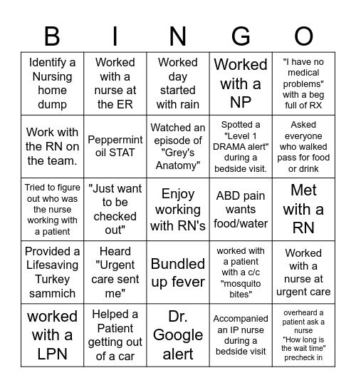 NURSE Bingo Card