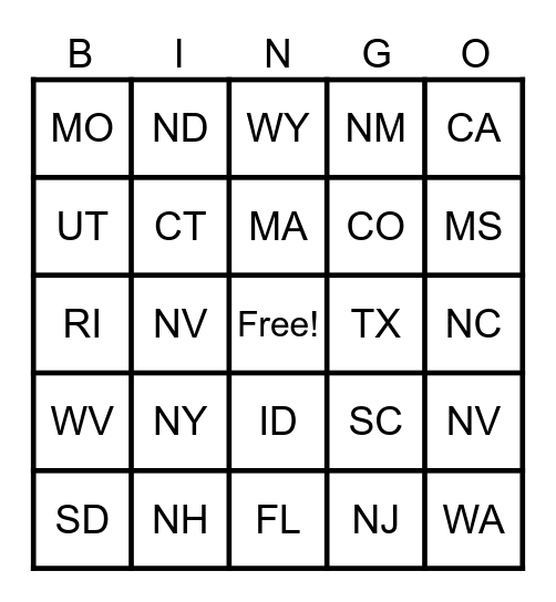 States Bingo Card