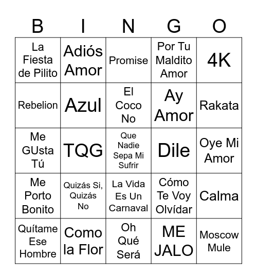 Latin Night Music Bingo #2 Bingo Card