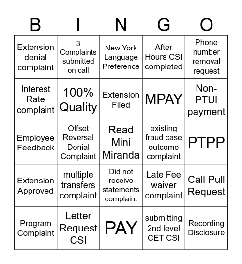 CET MDD Bingo Card