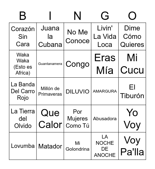 Latin Night Music Bingo #3 Bingo Card
