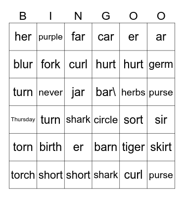 R-Controlled Vowels Bingo Card