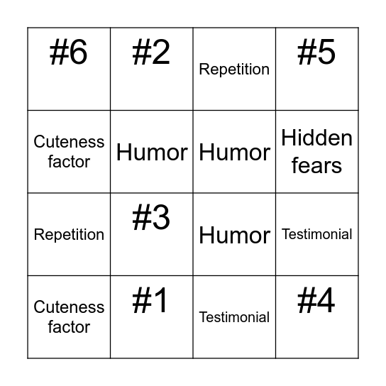 Superbowl Commercials Bingo Card