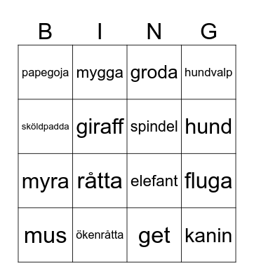 Animals Bingo Card