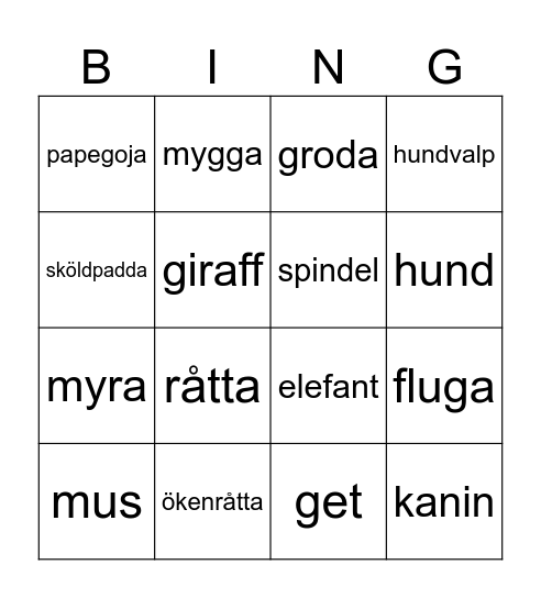 Animals Bingo Card