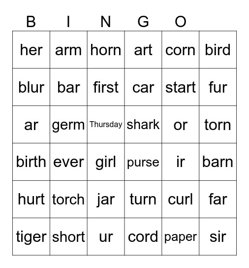 R-Controlled Vowel Words Bingo Card