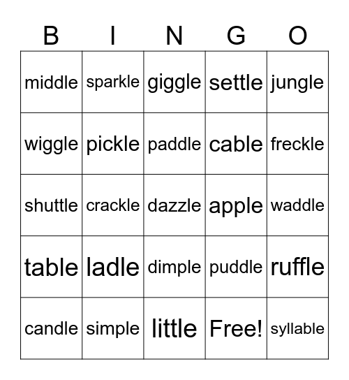 Final Stable Syllable Bingo Card