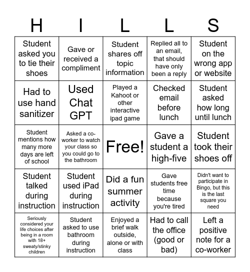 99 Problems Bingo Card