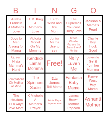 Songs with Mom Bingo Card