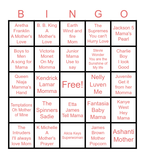 Songs with Mom Bingo Card
