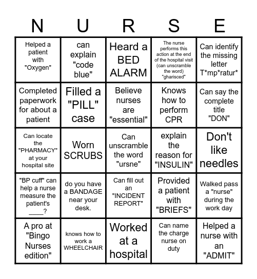 Nurse Week Bingo Card
