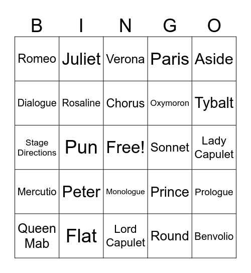 Romeo and Juliet Bingo Card