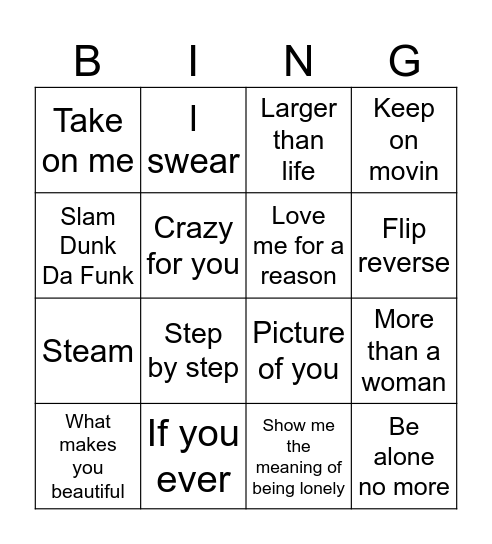Boybands Bingo Card