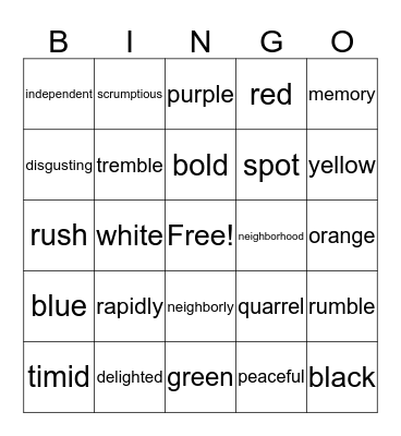 Vocabulary Bingo Card