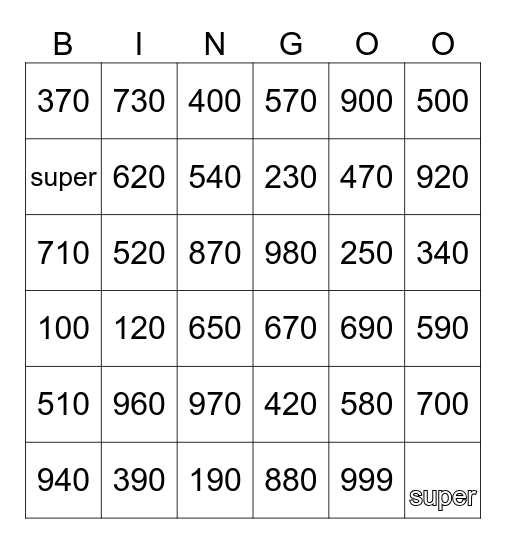números hasta al 999 Bingo Card
