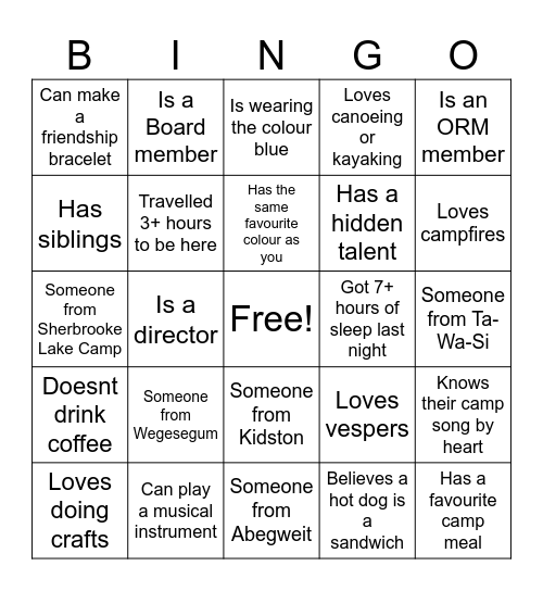 Camp Bingo Card
