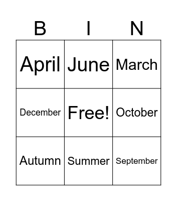 Months and seasons Bingo Card