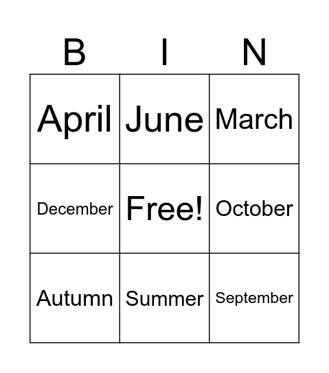 Months and seasons Bingo Card