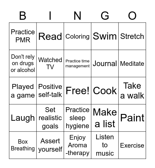 Stress Management Bingo Card