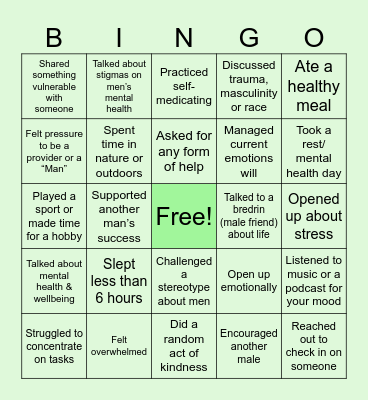 Men’s Mental Health Bingo Card