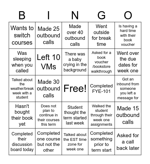 Non Par Call Bingo Card