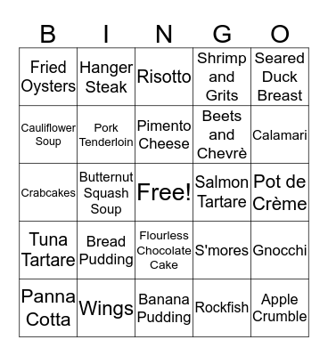 Restaurant Week Bingo Card