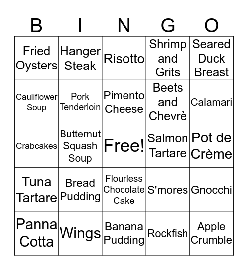 Restaurant Week Bingo Card