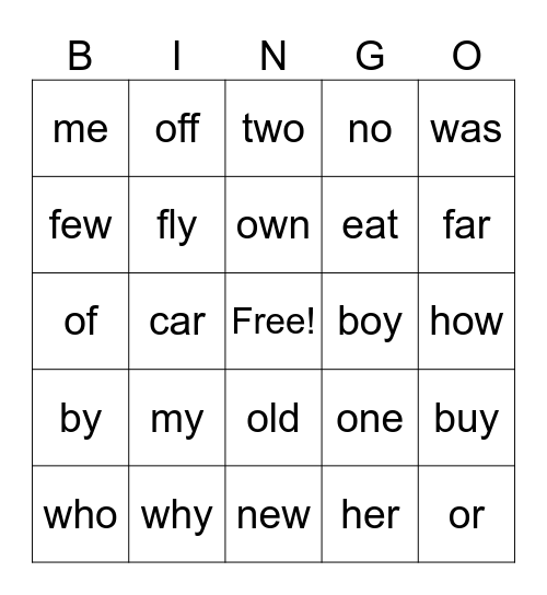 2 & 3 Letter Sight Words Bingo Card
