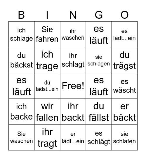Vokalwechsel a zu ä im Präsens Bingo Card
