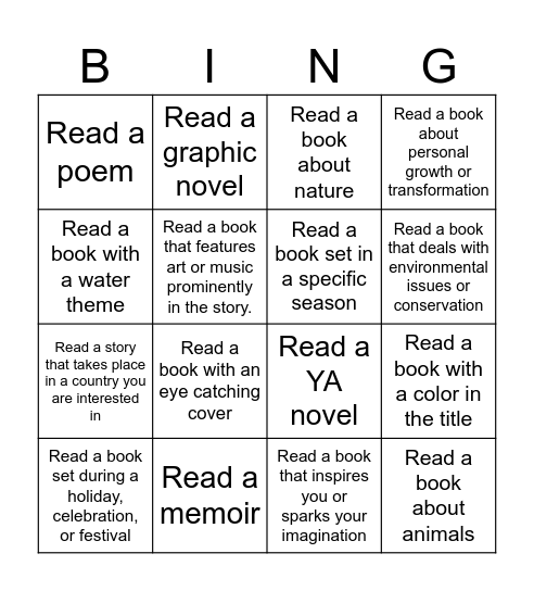 Color Our World Summer Reading Challenge Bingo Card