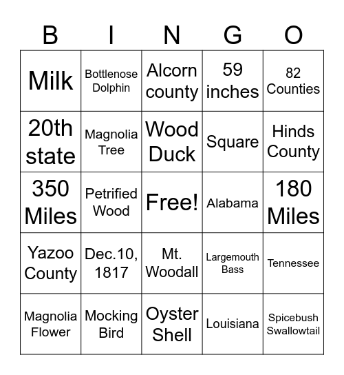 Mississippi Bingo Card