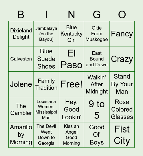 Country Music Bingo Card