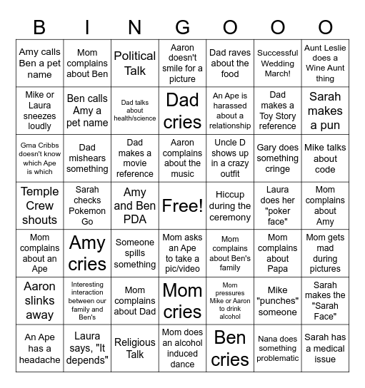 Wedding Bingo for Apes Bingo Card