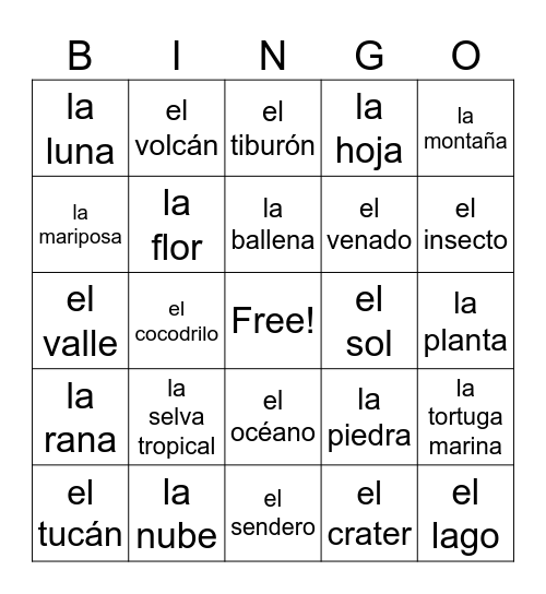 La Naturaleza y Los Animales Bingo Card