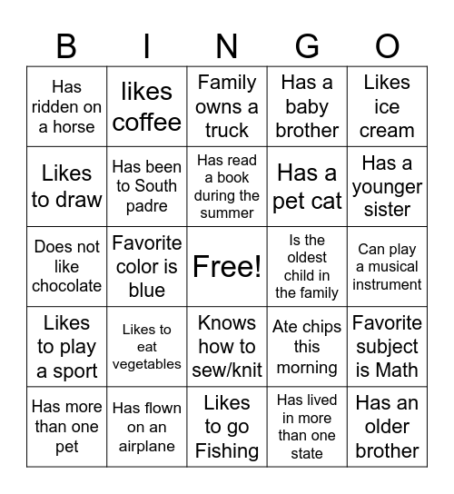 Classmate Bingo Card