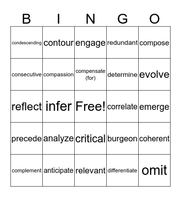 Vocabulary #2 Bingo Card