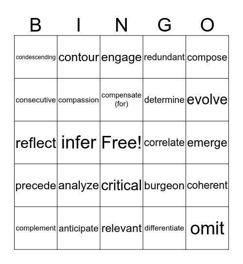 Vocabulary #2 Bingo Card