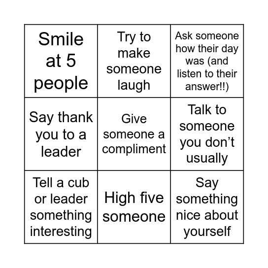 Kindness Bingo Card