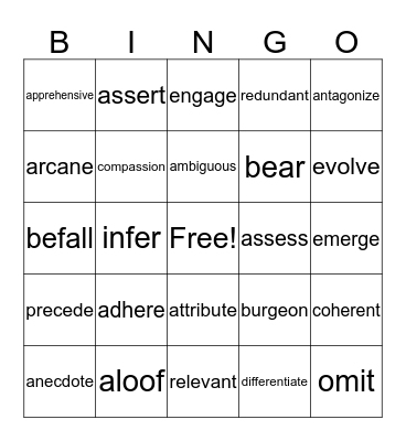 Vocabulary Bingo Card