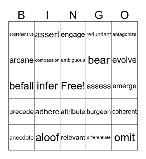 Vocabulary Bingo Card