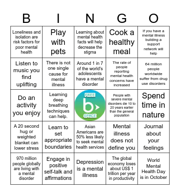 Mental Health Facts and Self-Care Ideas Bingo Card